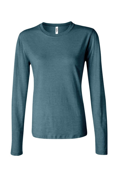 Women’s teal crew neck long sleeve jersey tee with a fitted silhouette and soft fabric finish.