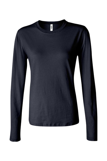 Black Bella + Canvas women's long sleeve jersey crew neck tee with a fitted silhouette.