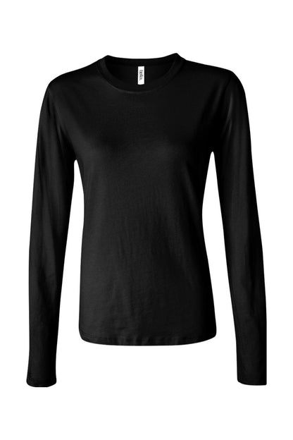 Black Bella + Canvas women's long sleeve jersey tee with a classic crew neck and fitted silhouette.