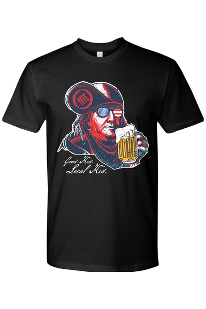 Soft black cotton graphic tee featuring Ben Franklin wearing flag sunglasses and a hat while holding a beer mug.