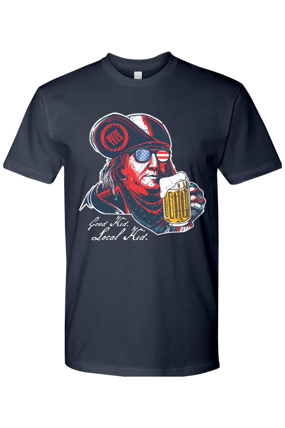 Navy blue 100% cotton graphic tee featuring Ben Franklin wearing flag-patterned sunglasses and holding a beer.