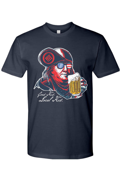 Navy blue 100% cotton graphic tee featuring Ben Franklin wearing flag-patterned sunglasses and holding a beer.