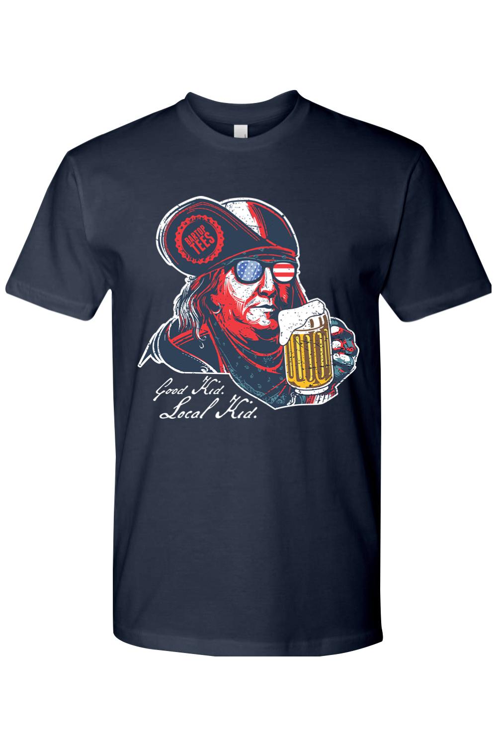 Navy blue cotton graphic tee featuring Ben Franklin wearing flag-patterned sunglasses and holding a beer mug.