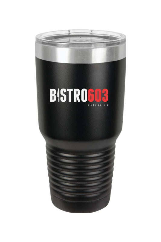 Black 30oz stainless steel tumbler with Bistro 603 logo and clear spill-resistant lid.