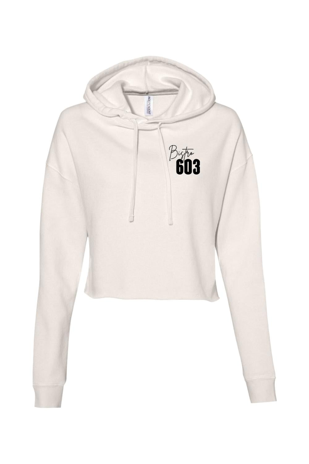 Off-white cropped hoodie with long sleeves, a drawstring hood, and black Bistro 603 text printed on the chest.