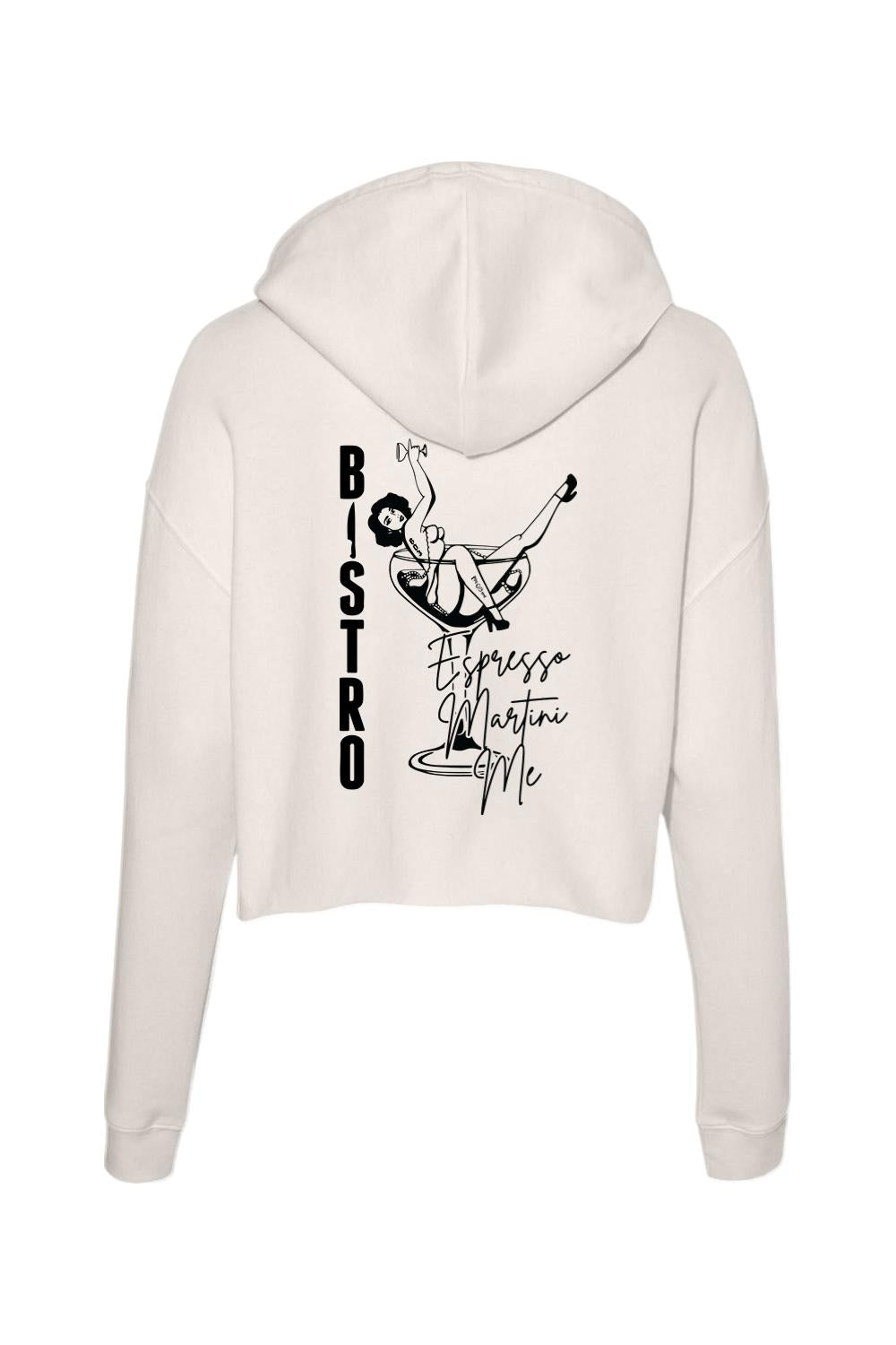 Off-white cropped hoodie featuring a black graphic of a woman in a martini glass and Bistro 603 text on the back.