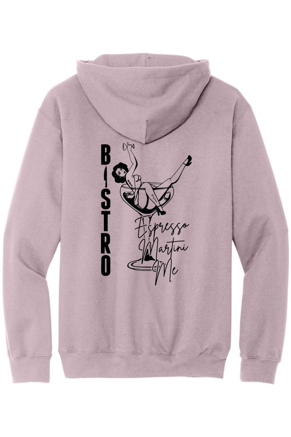 Dusty pink men's hoodie featuring a black graphic of a pin-up girl in a martini glass with Bistro Espresso Martini text.