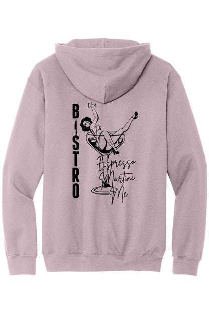 Dusty pink men's hoodie featuring a black graphic of a pin-up girl in a martini glass with Bistro Espresso Martini text.