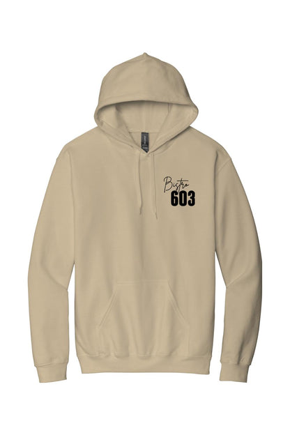 Tan cotton-blend men's hoodie featuring a black Bistro 603 logo on the chest with a drawstring hood and front pocket.