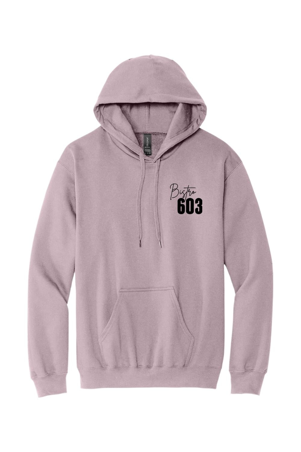 Dusty purple cotton-blend men's hoodie featuring a black Bistro 603 logo on the chest and a front kangaroo pocket.