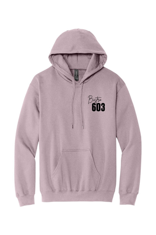 Dusty purple cotton-blend men's hoodie featuring a black Bistro 603 logo on the chest and a front kangaroo pocket.