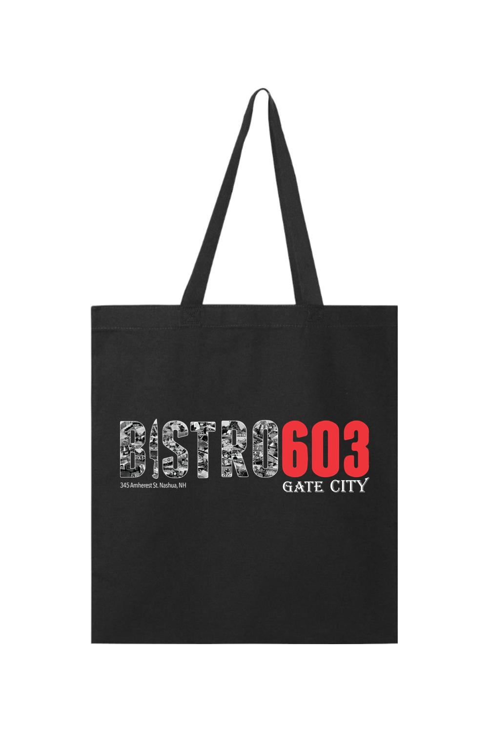Black canvas tote bag featuring a Bistro 603 Gate City graphic with red and white text on a white background.