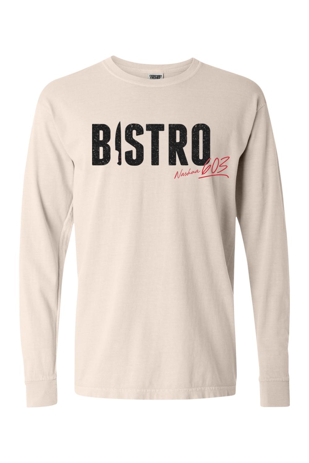 Beige Comfort Colors long-sleeve cotton t-shirt featuring a black Bistro logo with a knife icon and red script text.