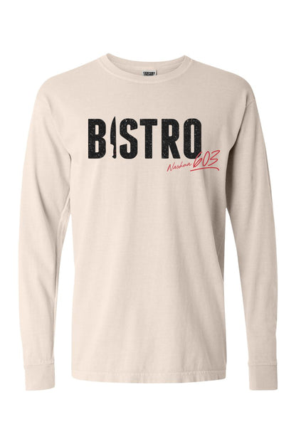 Beige Comfort Colors long-sleeve cotton t-shirt featuring a black Bistro logo with a knife icon and red script text.