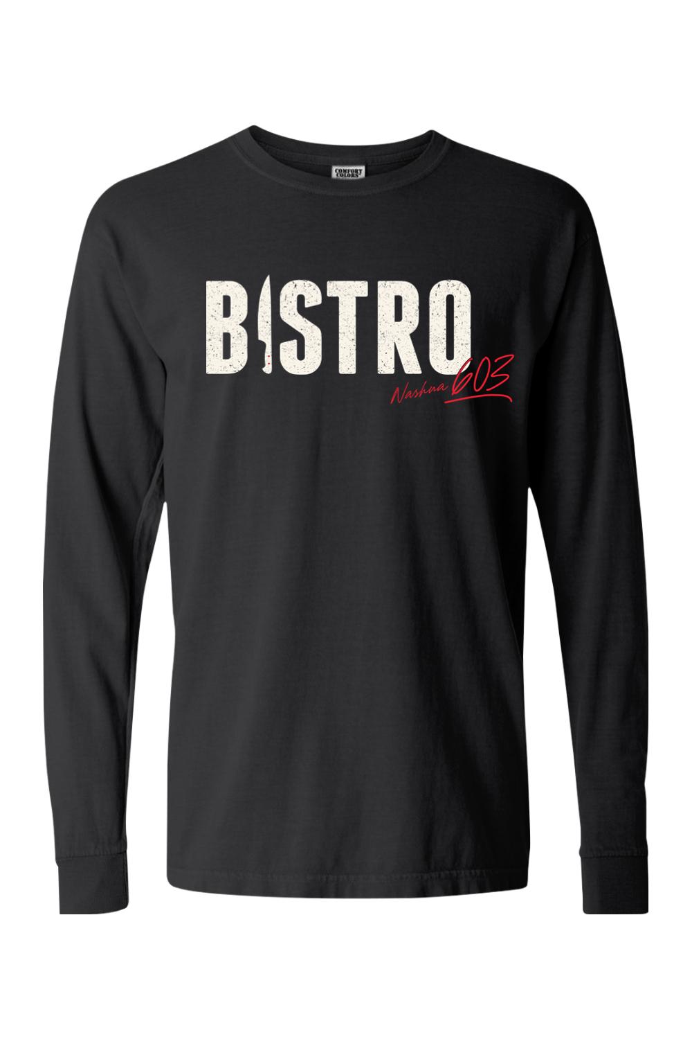 Black Comfort Colors long-sleeve cotton shirt featuring white Bistro text with a knife icon and red Nashua 603 script.