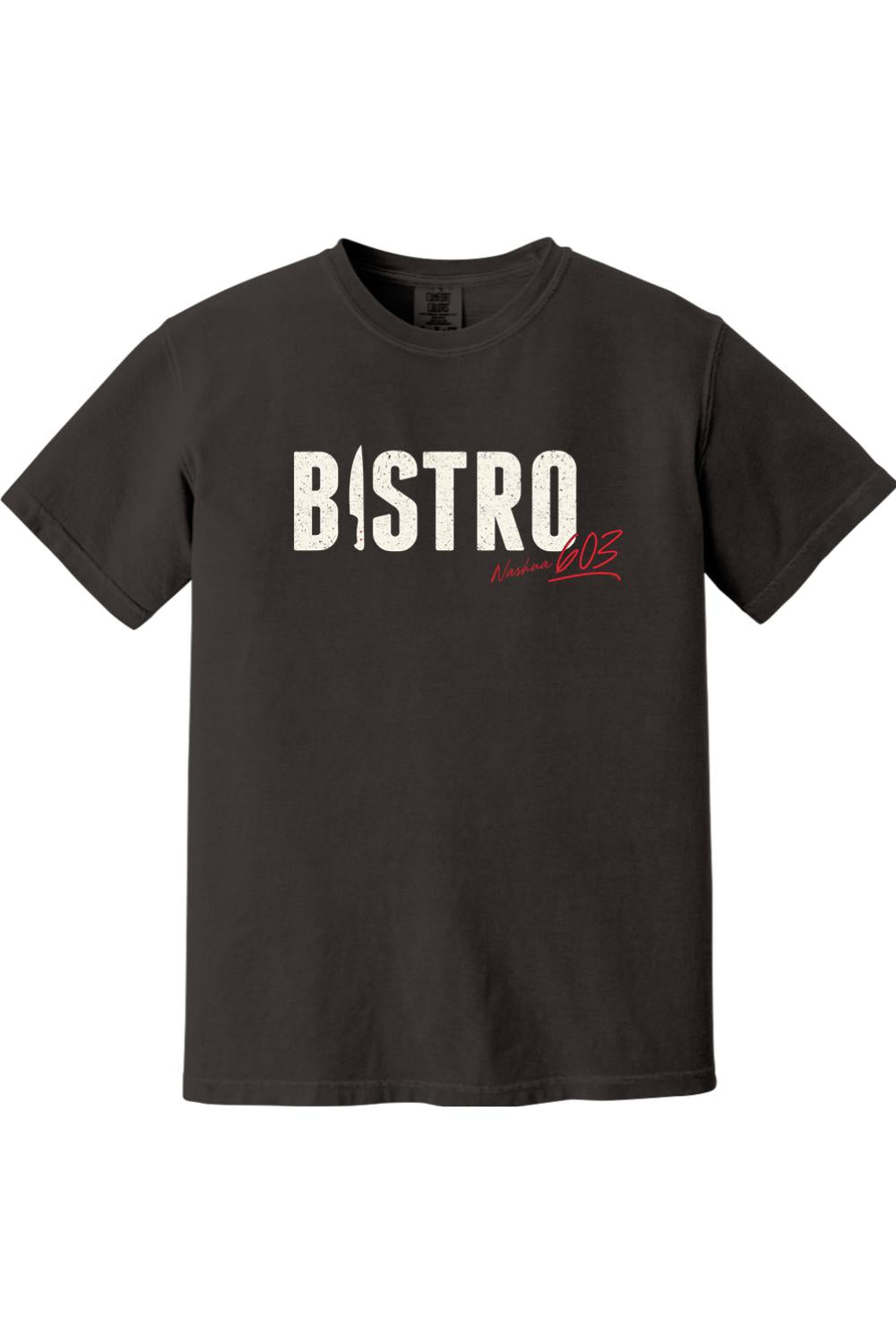 Black Comfort Colors cotton t-shirt featuring a white Bistro graphic with a knife icon and red 603 script text.