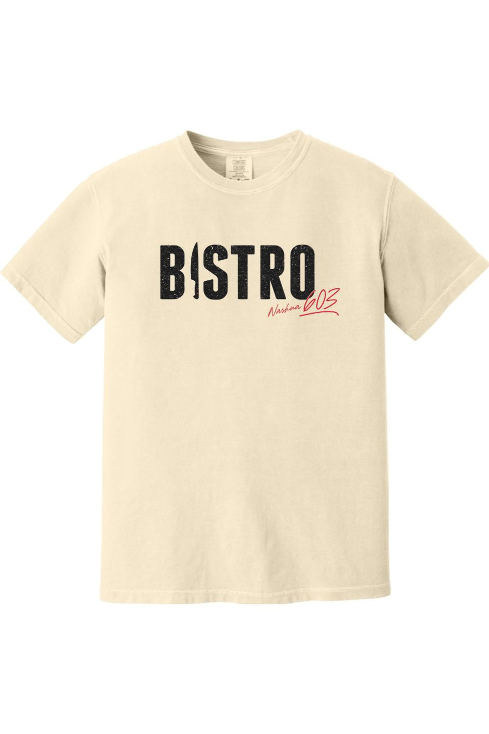 Cream-colored Comfort Colors cotton t-shirt featuring a black Bistro logo and red Nashua 603 script graphic.