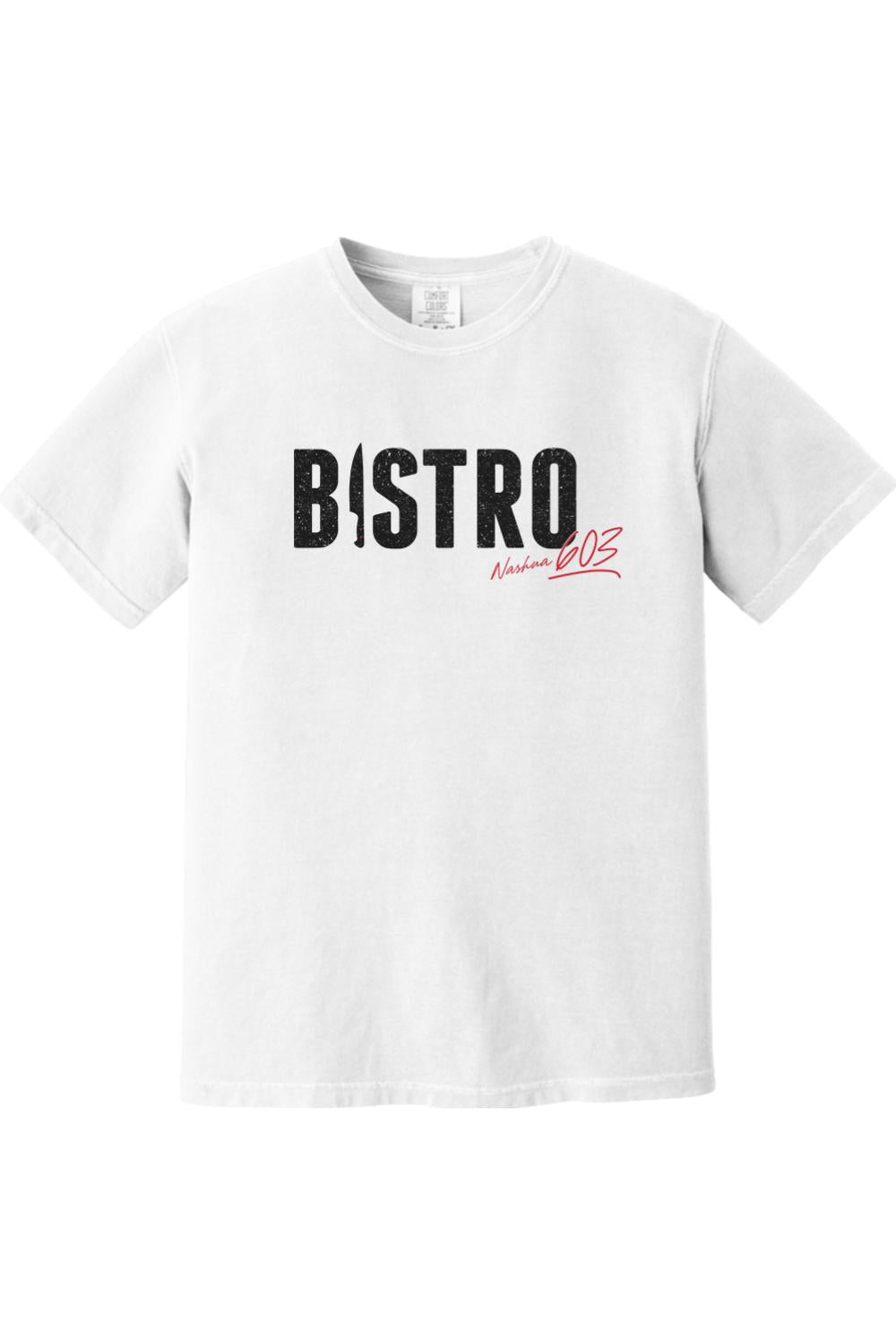 White Comfort Colors men's t-shirt featuring a black Bistro logo with a knife icon and red Nashua 603 script text.