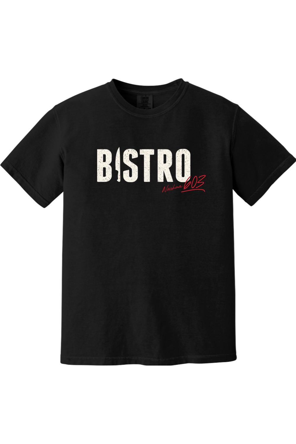 Black Comfort Colors cotton t-shirt featuring a white Bistro graphic with a red Nashua 603 script accent.