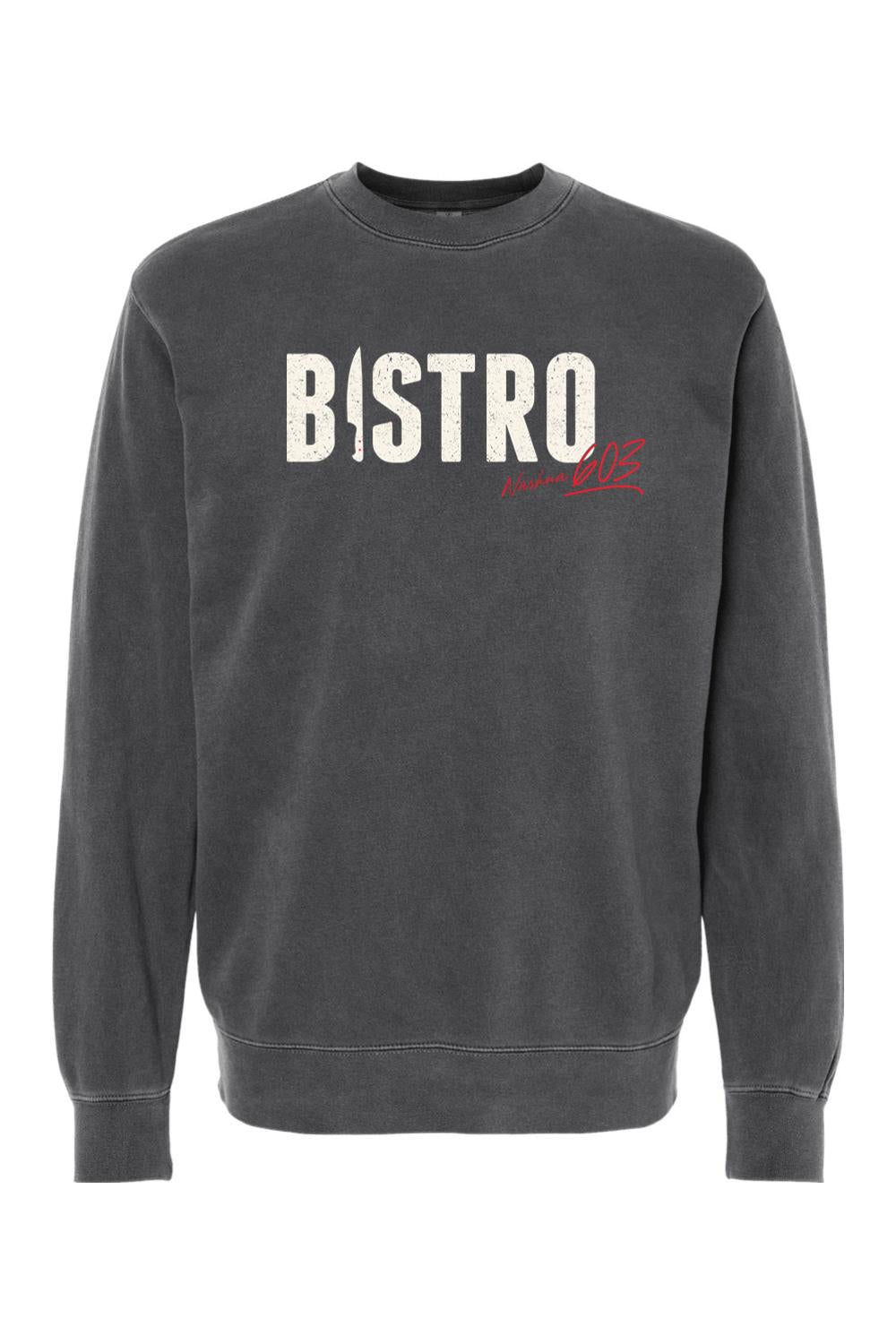 Charcoal pigment-dyed crewneck sweatshirt with white Bistro script and red 603 graphic on the chest.