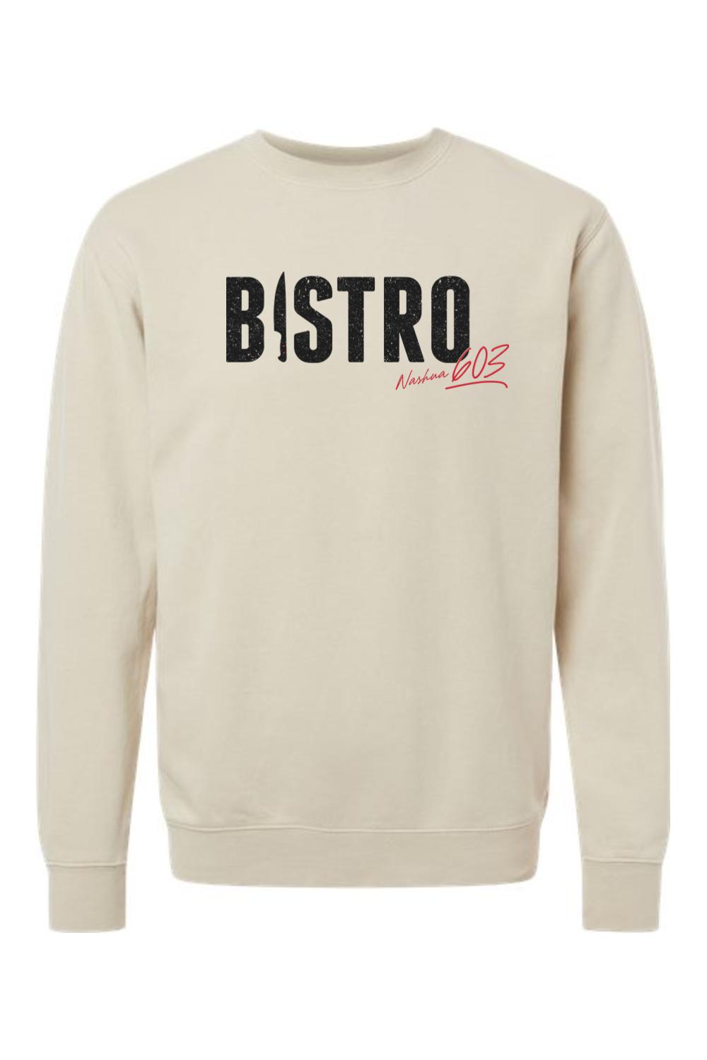 Beige pigment-dyed crewneck sweatshirt featuring a black Bistro 603 graphic with a red script accent on the chest.