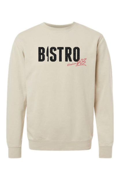 Beige pigment-dyed crewneck sweatshirt featuring a black Bistro 603 graphic with a red script accent on the chest.