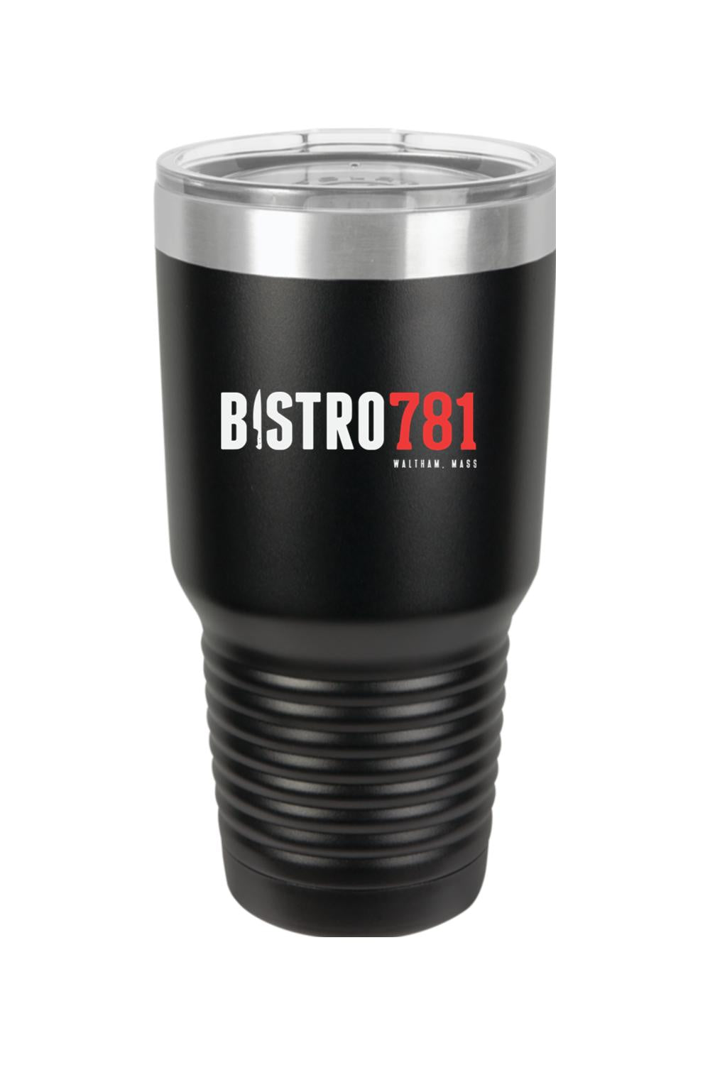 Black 30oz stainless steel tumbler with Bistro 781 logo, clear lid, and textured grip base.