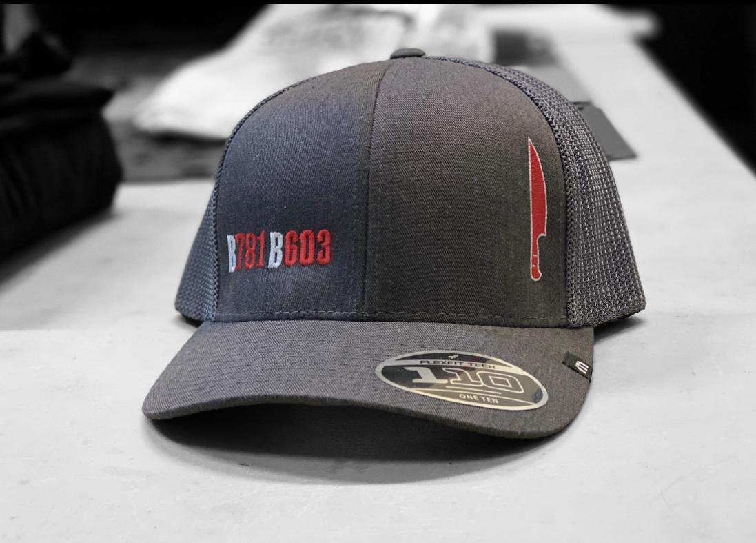 Grey structured six-panel snapback hat featuring a red Bistro 781 & 603 logo and knife embroidery with Flexfit tech.
