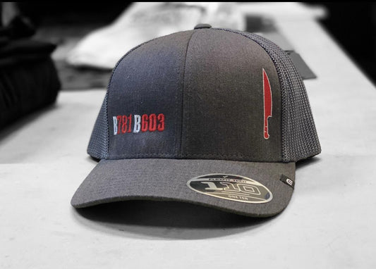Grey structured six-panel snapback hat featuring a red Bistro 781 & 603 logo and knife embroidery with Flexfit tech.