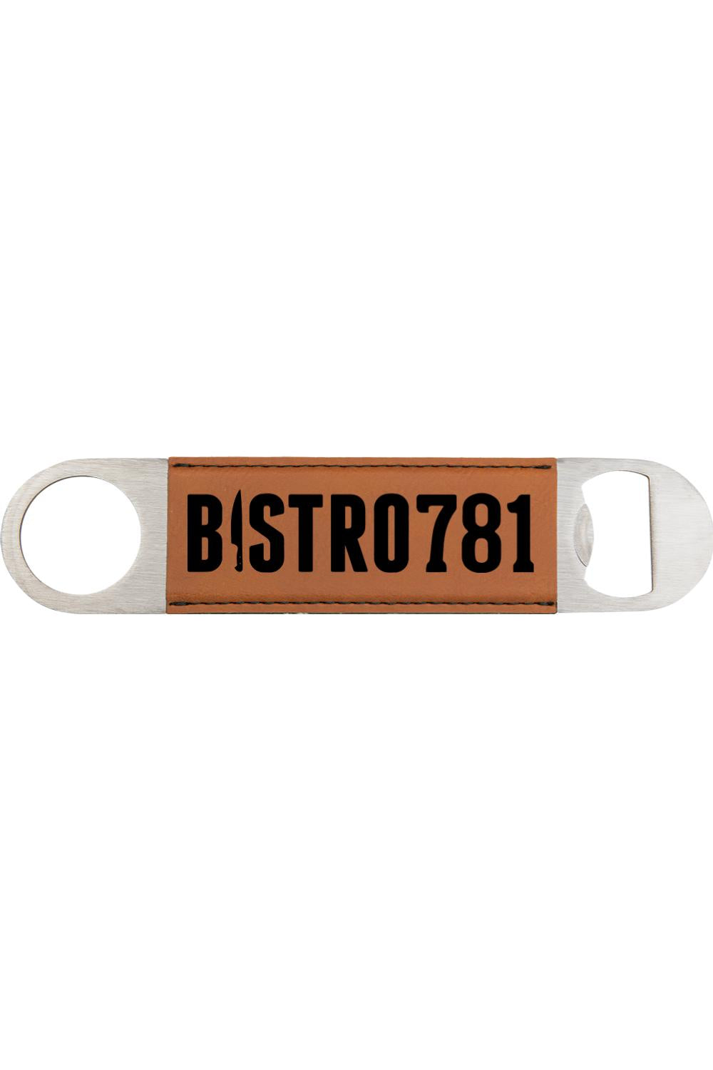 Tan leatherette bottle opener with Bistro 781 engraved in black on a stainless steel frame.