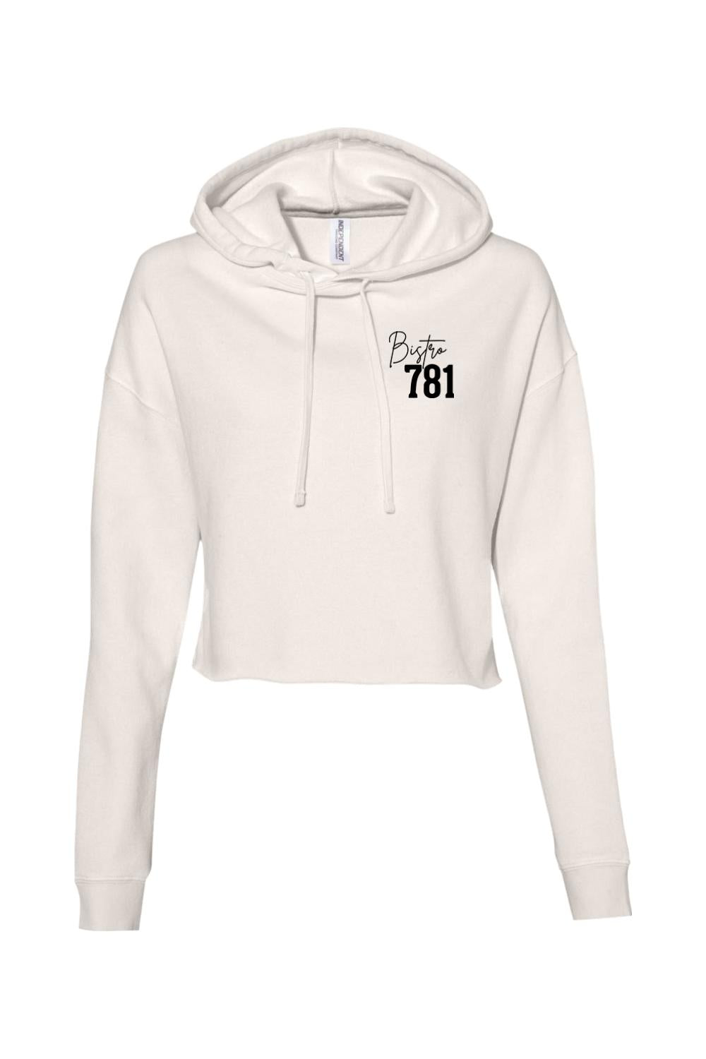 Off-white cropped hoodie for women featuring a black Bistro 781 logo on the chest and a drawstring hood.