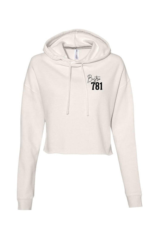 Off-white cropped hoodie for women featuring a black Bistro 781 logo on the chest and a drawstring hood.