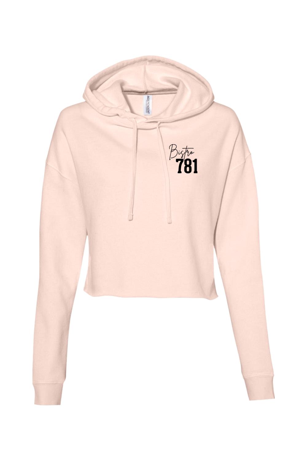 Light pink women's cropped hoodie featuring a black Bistro 781 logo on the chest with a drawstring hood.