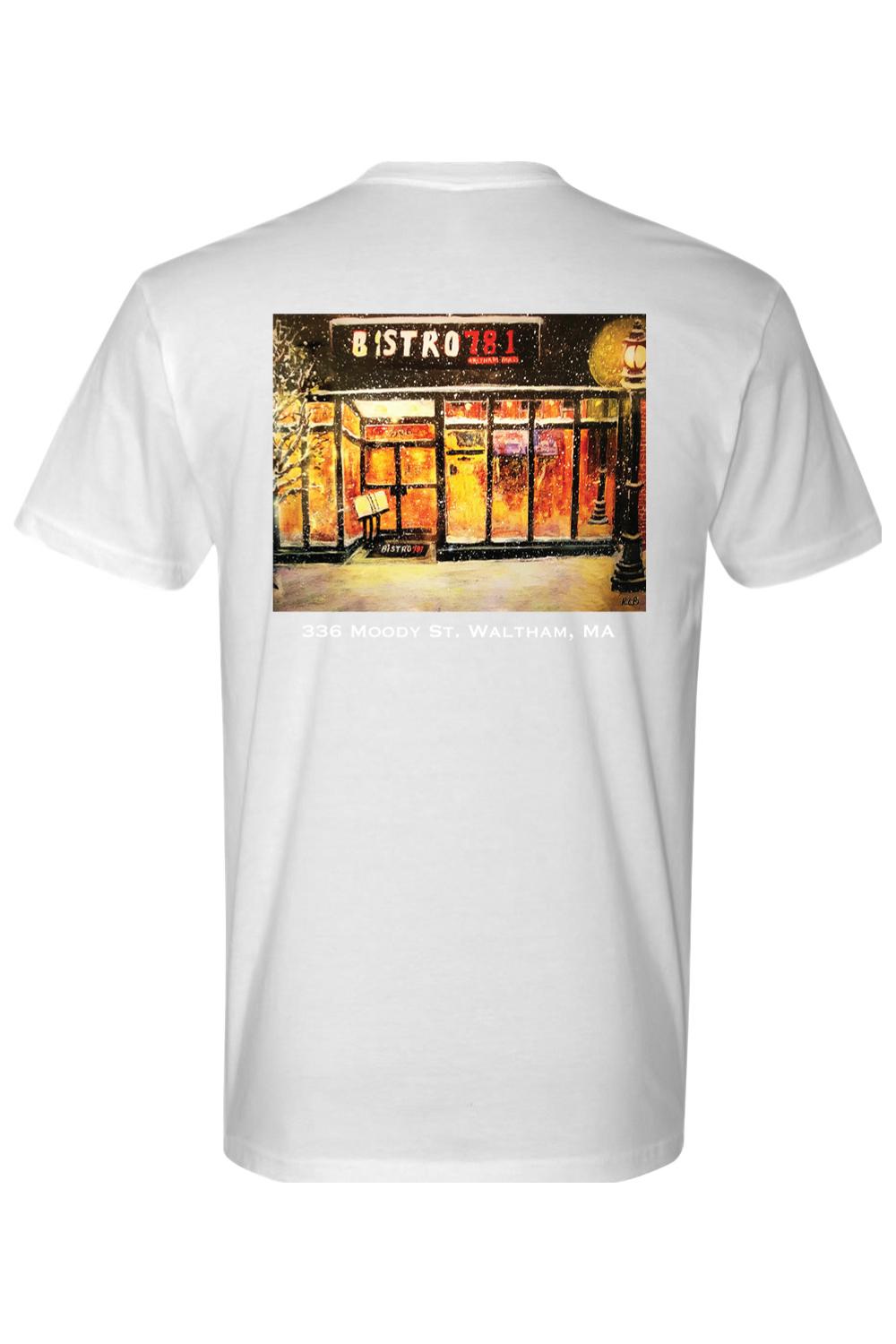 White 100% cotton t-shirt featuring a back graphic of the Bistro 781 storefront in Waltham, MA during a snowy night.