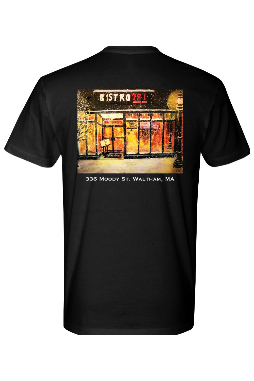 Black 100% cotton t-shirt featuring a Bistro 781 storefront graphic on the back with Waltham, MA text.