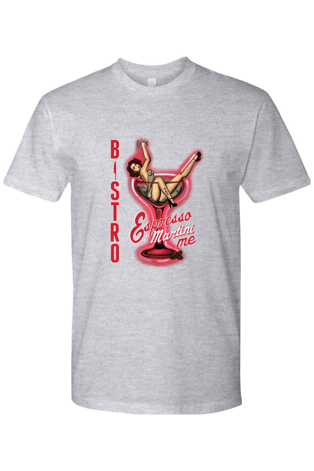 Grey 100% cotton t-shirt featuring a pin-up girl in a martini glass graphic with Bistro Espresso Martini me text.