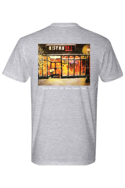Grey 100% cotton t-shirt featuring a Bistro 781 espresso martini graphic print on the back with Waltham, MA text.