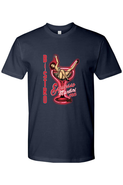 Navy blue 100% cotton t-shirt featuring a pin-up girl graphic inside a neon red espresso martini glass.