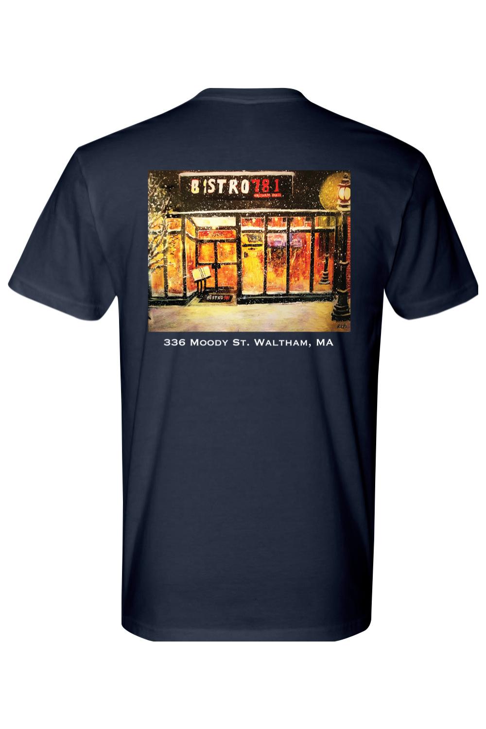 Navy blue 100% cotton t-shirt featuring a back graphic of Bistro 781 in Waltham, MA at night.