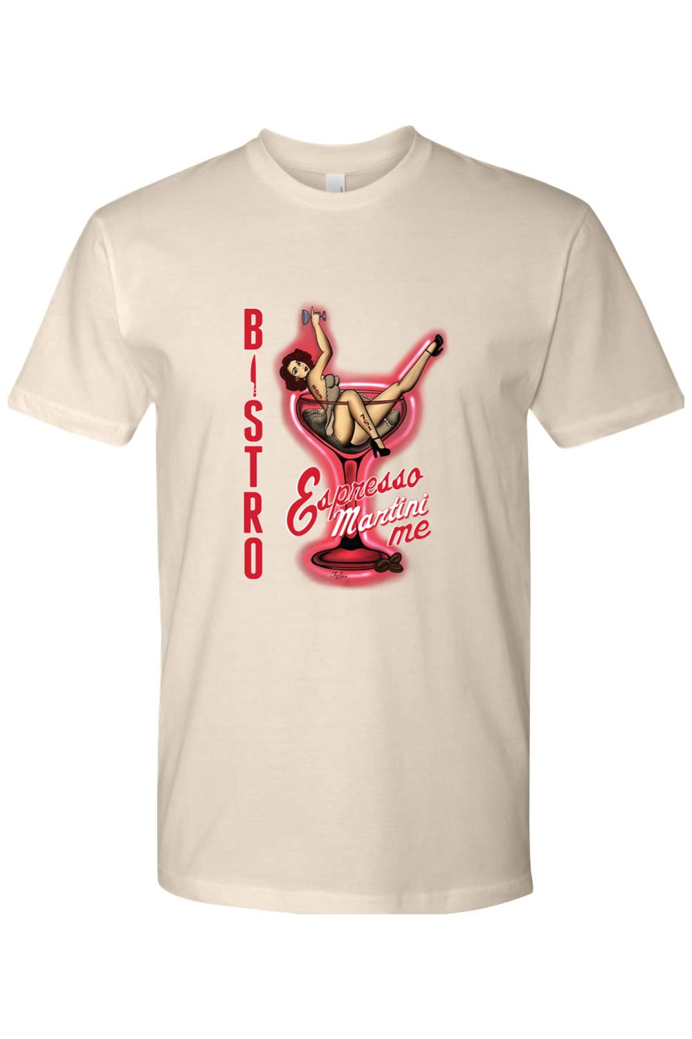 Cream-colored 100% cotton t-shirt featuring a pin-up girl inside a martini glass graphic with Bistro Espresso Martini text.