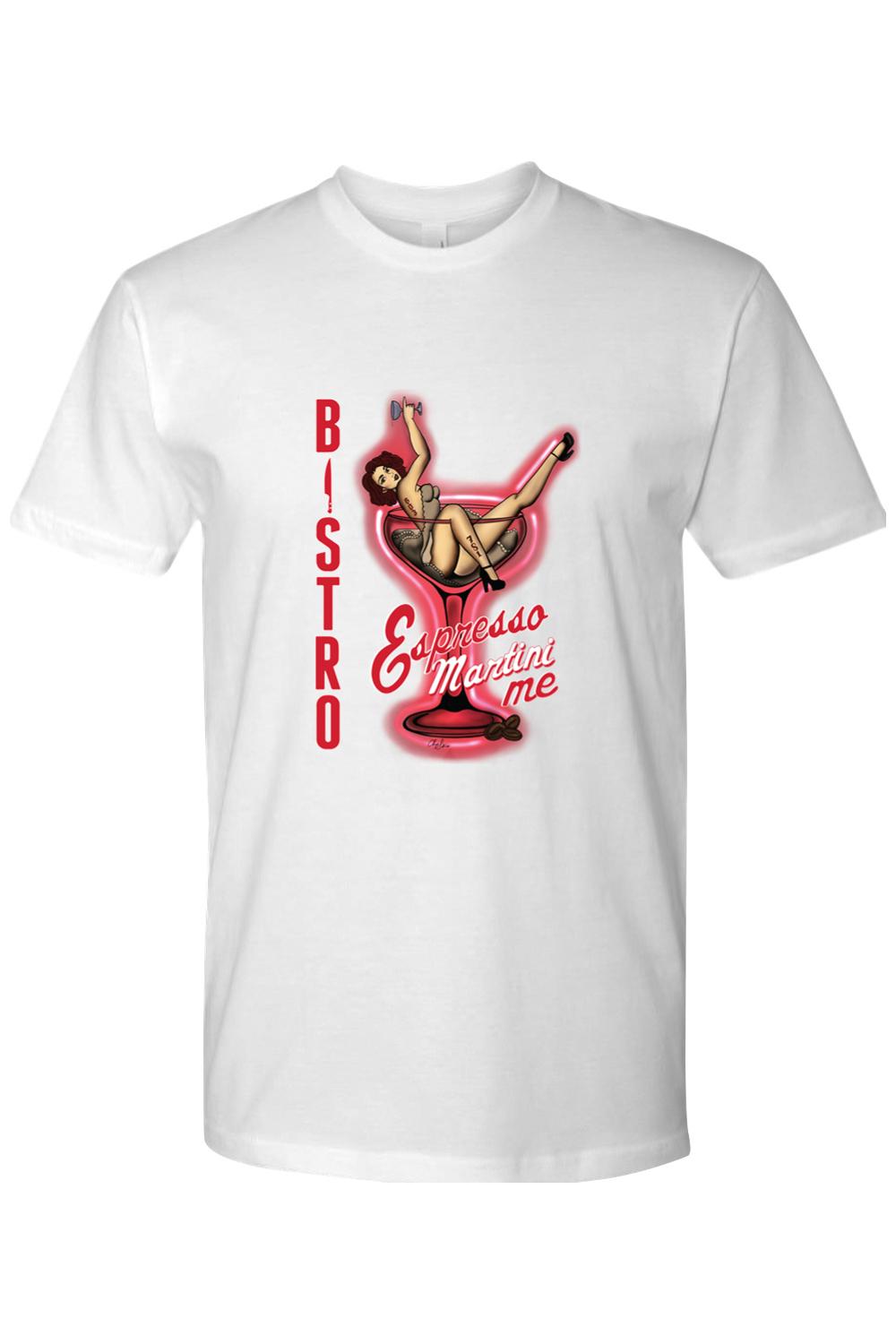 White 100% cotton t-shirt featuring a pin-up girl graphic inside a red espresso martini glass with Bistro text.