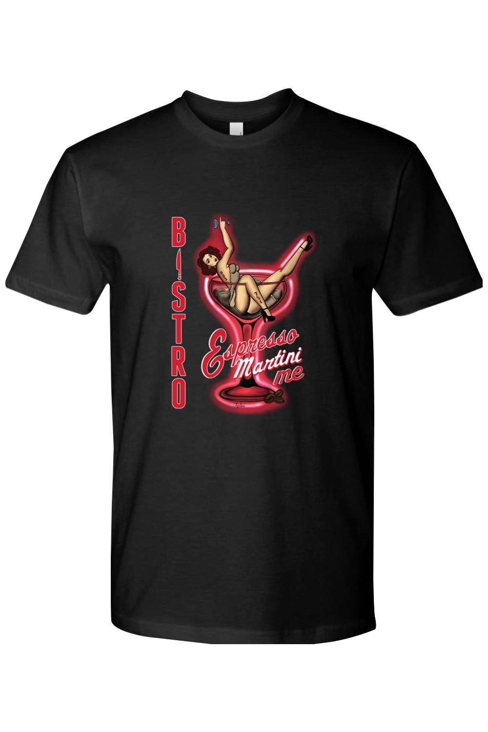 Black 100% cotton t-shirt featuring a pin-up girl in a martini glass graphic with Bistro Espresso Martini text.