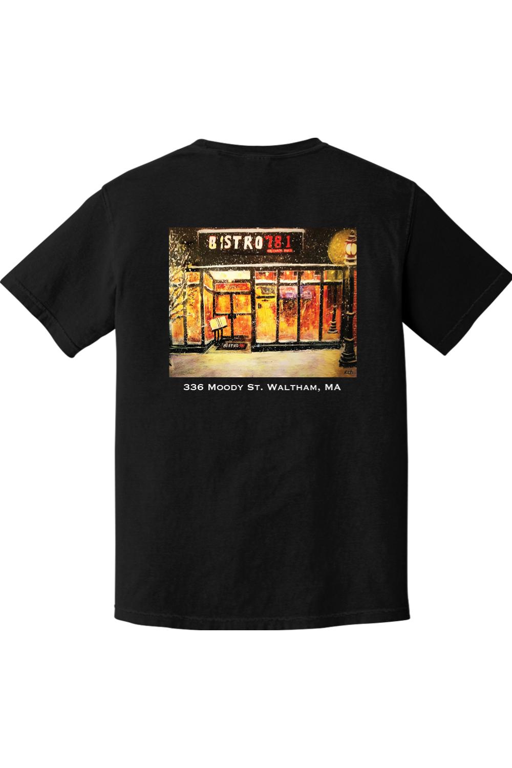 Black Comfort Colors cotton t-shirt featuring a Bistro 781 restaurant graphic on the back.