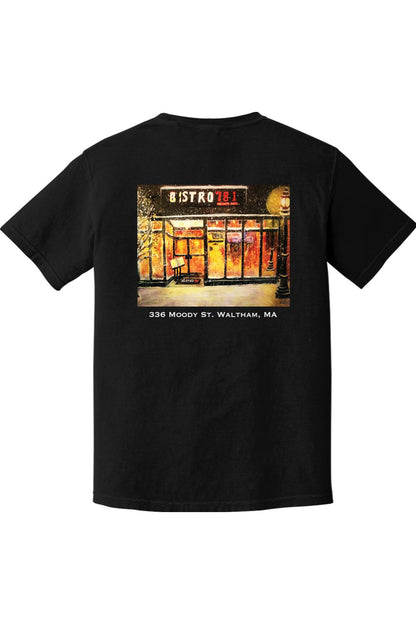 Black Comfort Colors cotton t-shirt featuring a Bistro 781 restaurant graphic on the back.