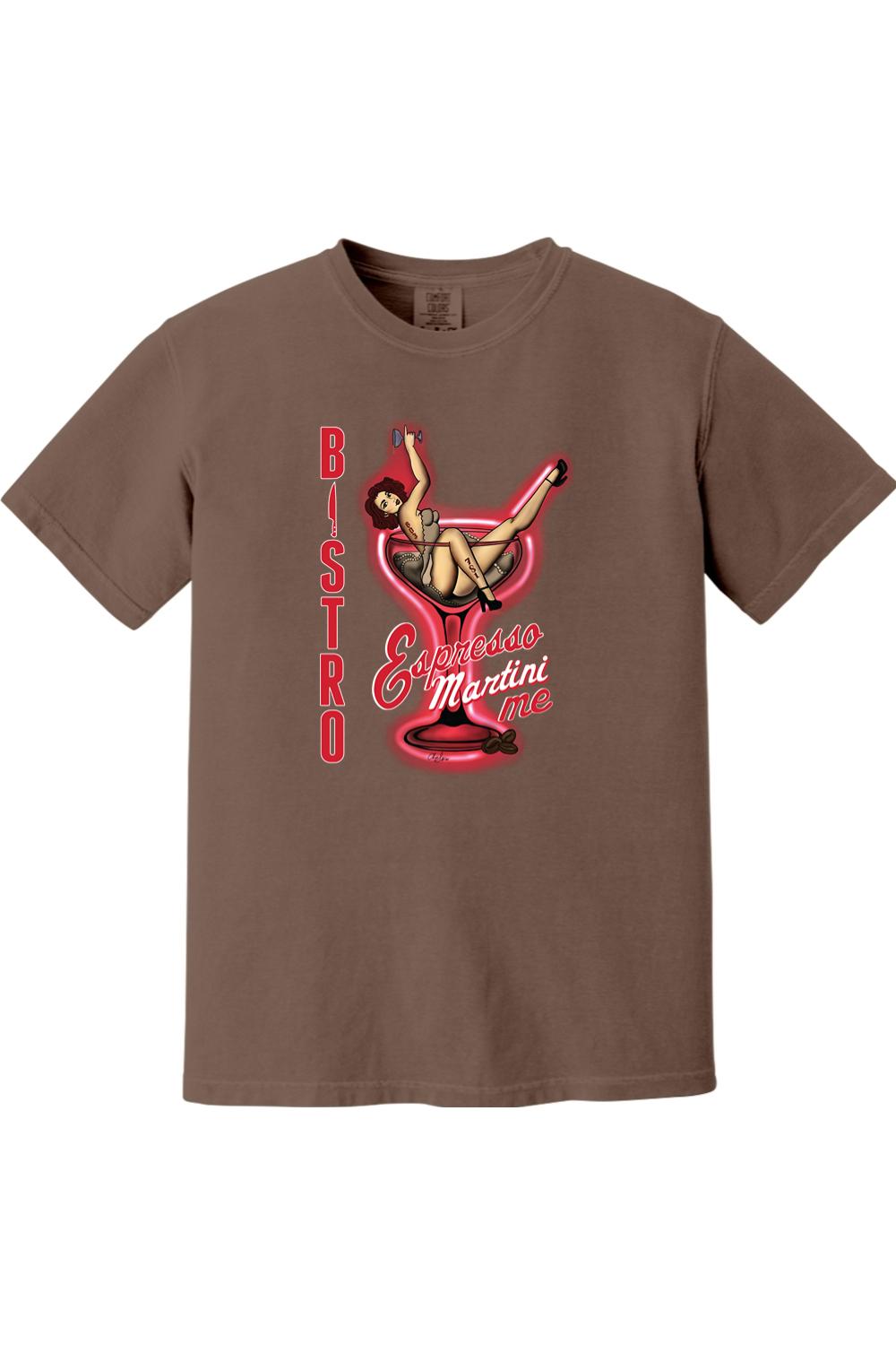 Brown Comfort Colors cotton t-shirt featuring a pin-up girl in a neon martini glass graphic and Bistro 781 branding.