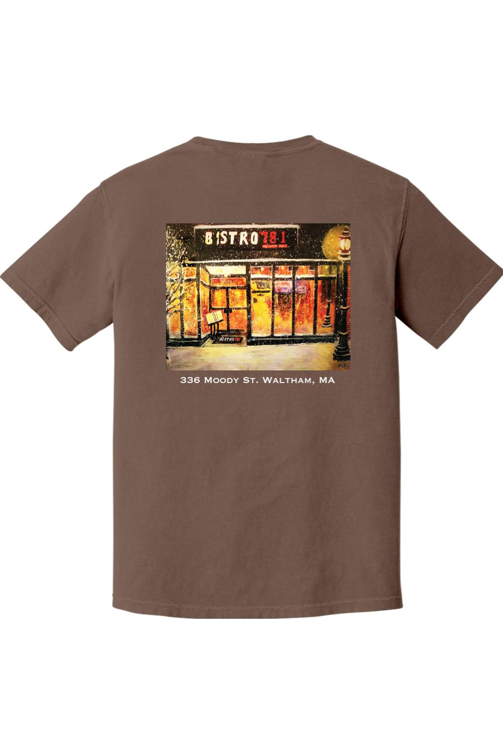 Brown Comfort Colors cotton t-shirt featuring a Bistro 781 restaurant graphic on the back.