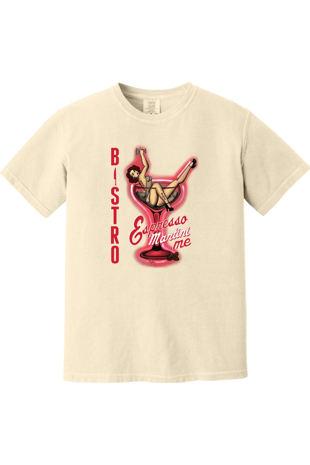 Cream Comfort Colors cotton t-shirt featuring a pin-up girl graphic in a martini glass with Espresso Martini Me text.