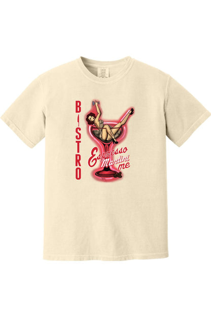 Cream Comfort Colors cotton t-shirt featuring a pin-up girl graphic in a martini glass with Espresso Martini Me text.