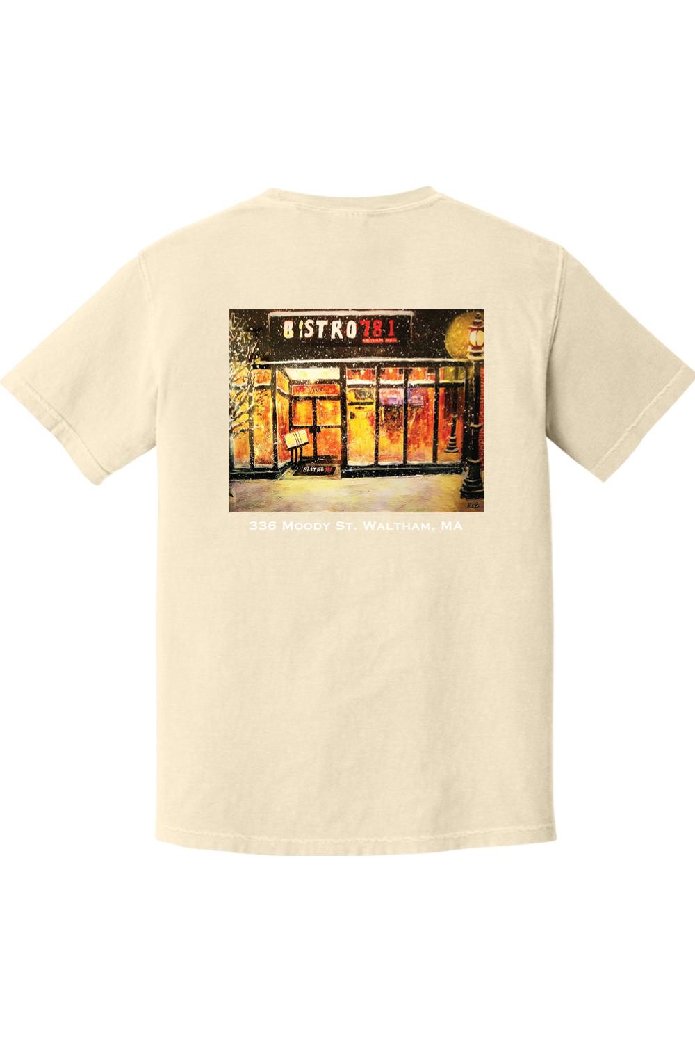 Cream-colored Comfort Colors cotton t-shirt featuring a Bistro 781 restaurant graphic on the back.