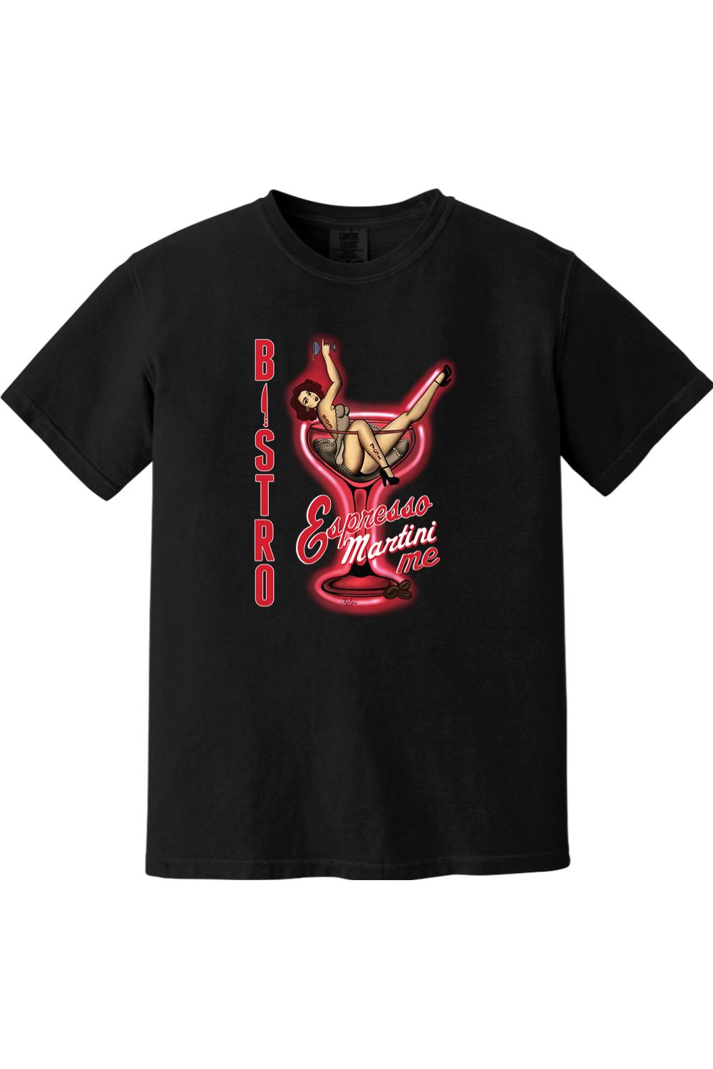 Black Comfort Colors ringspun cotton t-shirt featuring a retro pin-up girl inside an espresso martini glass graphic.